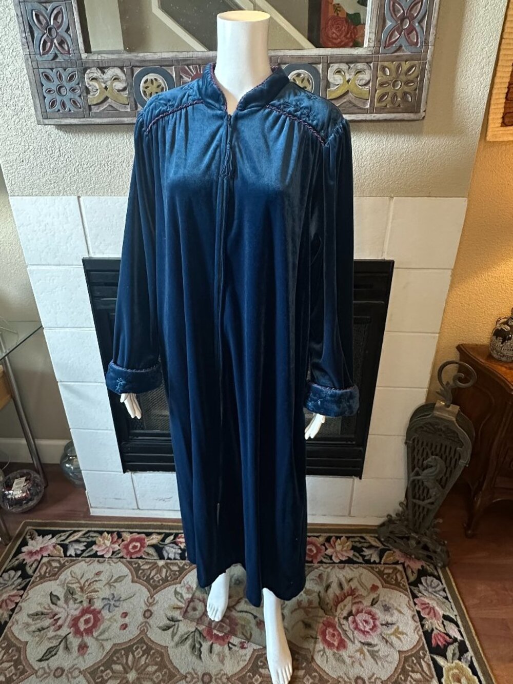 Vtg Jasmine Rose Womens Long Sleeve Zip Velour Robe Pockets Blue Large